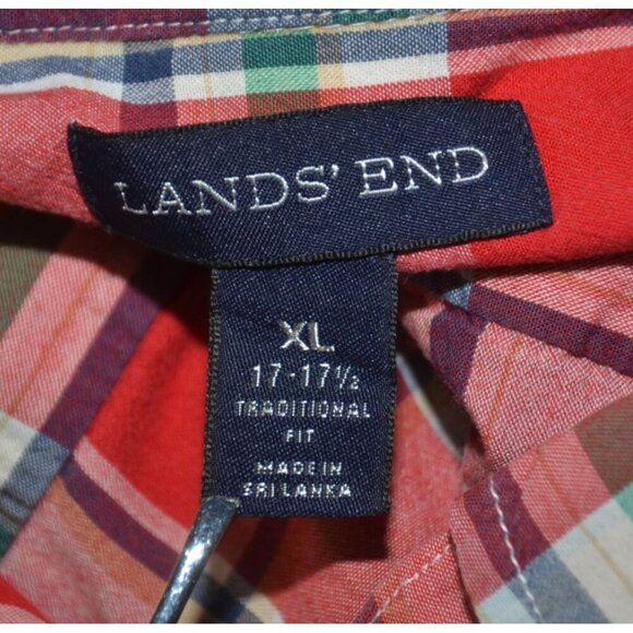 Lands' End Mens XL Short Sleeve Red Plaid Button Down Shirt Cotton Pocket Preppy - Picture 7 of 9
